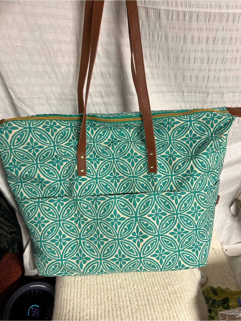 Patterned Teal Canvas Tote with Brown Straps